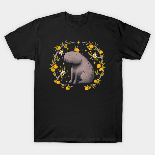 Cottagecore Aesthetic Capybara Chilling With Orange on Head | Goblincore Capy Yuzu Citrus Fruit Blossom Flowers Meditating - Dreamcore Fairytale Mycology Fungi Shrooms Forager Foraging Pet Mat Bandata T-Shirt by anycolordesigns